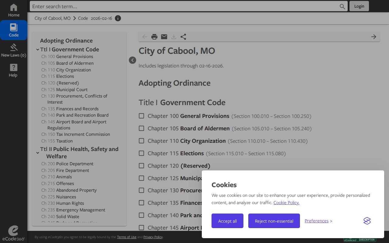 Cabool court records source showing municipal court code navigation