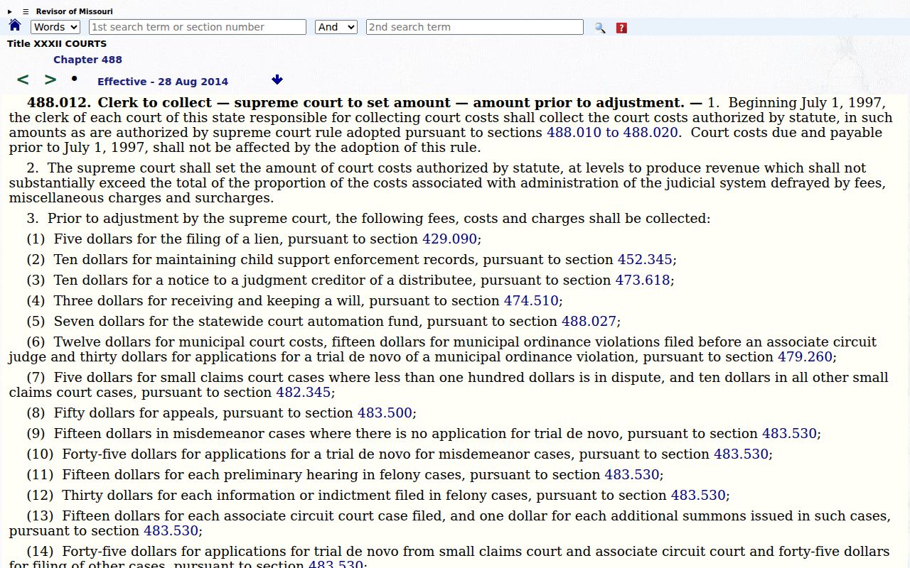 Cabool court records source showing Missouri court cost schedule