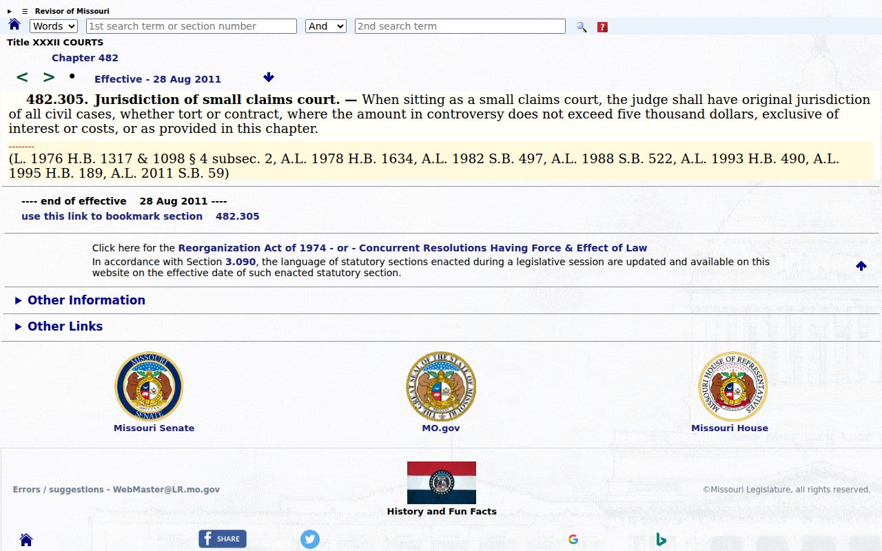 Texas County civil court docket source for Missouri small claims jurisdiction