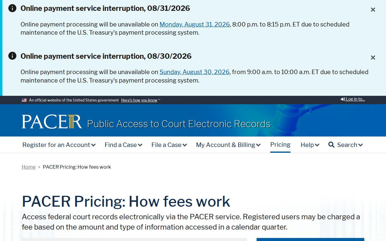 Texas County court case records source for PACER fee information