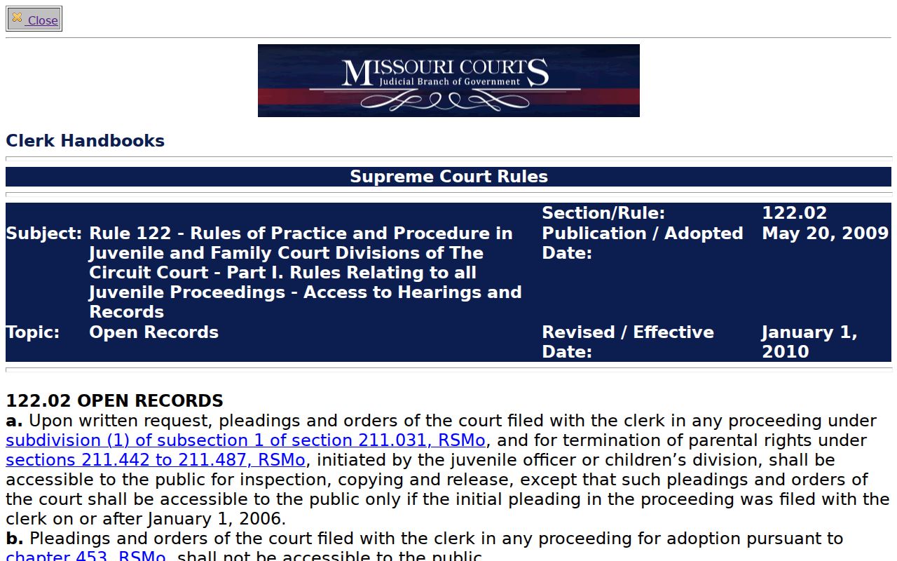 Texas County criminal court docket source showing Missouri Rule 122.02 access limits