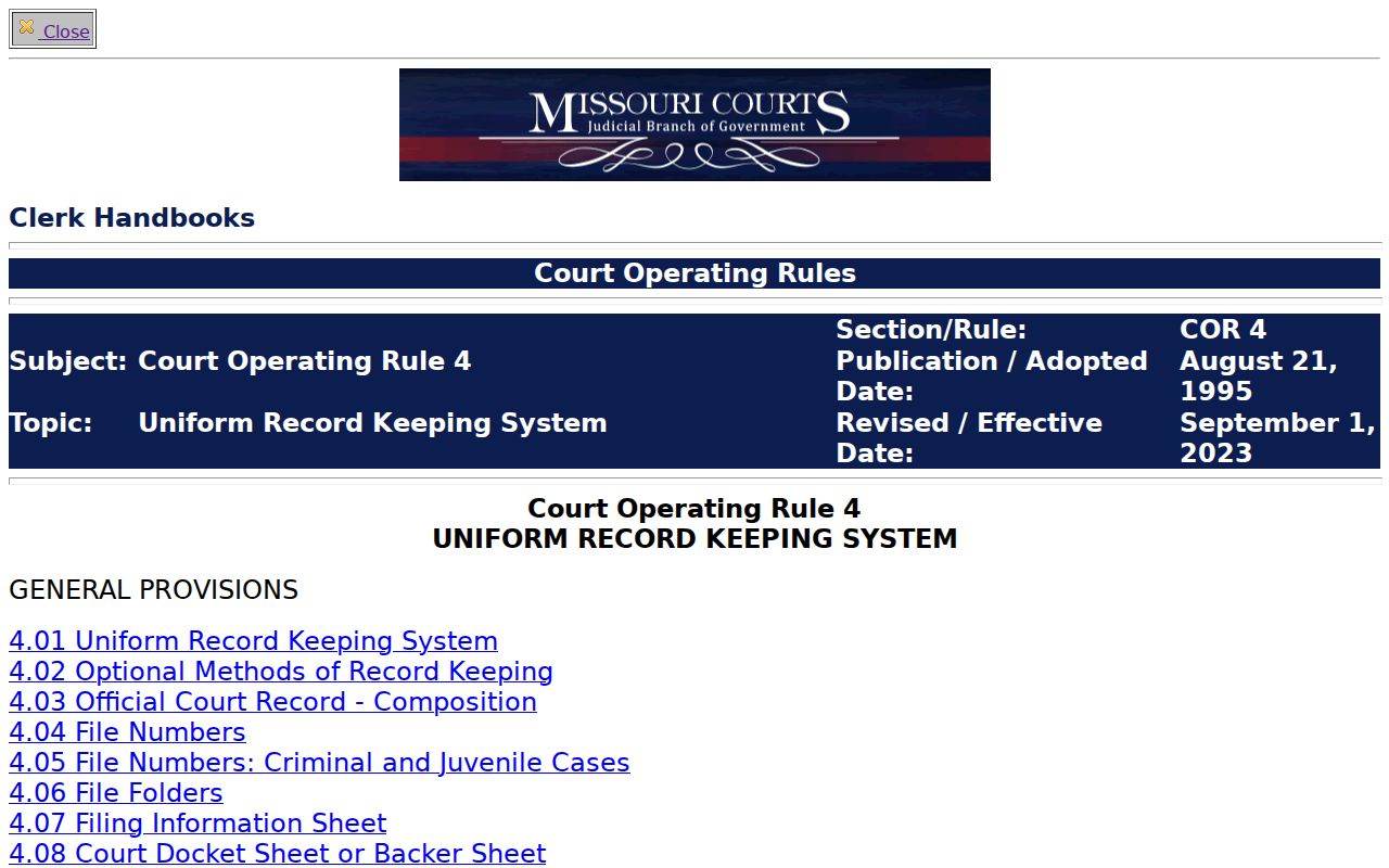 Texas County court docket source showing Missouri Court Operating Rule 4 public-access record rules