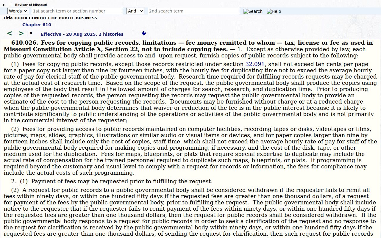Licking court records source showing Missouri public copy fee law