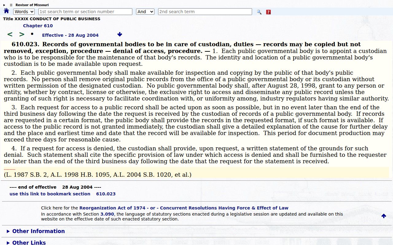 Licking court records source showing the Missouri three-business-day response rule