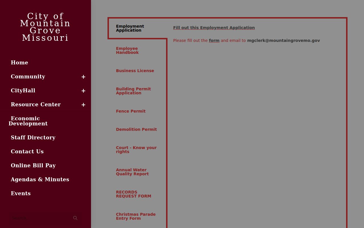 Mountain Grove court records source showing city documents and request links
