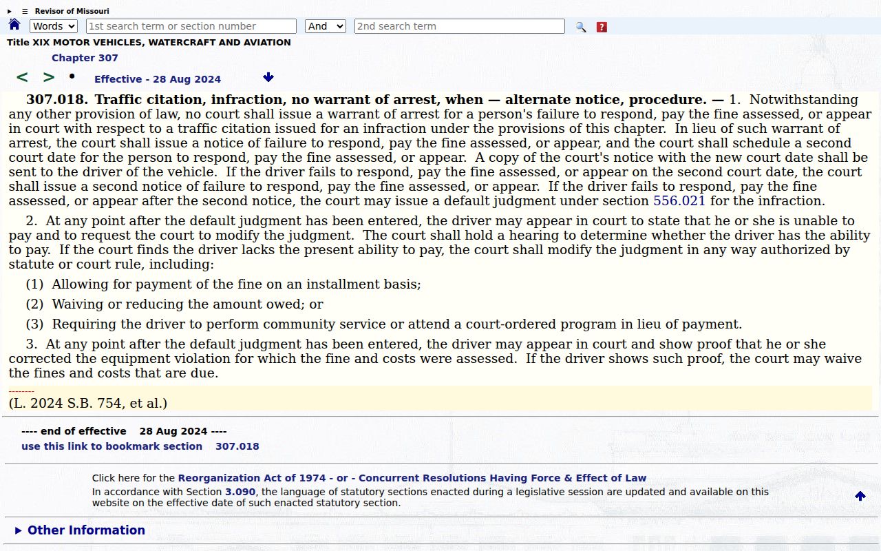 Texas County traffic court source on Missouri traffic infraction notice rules